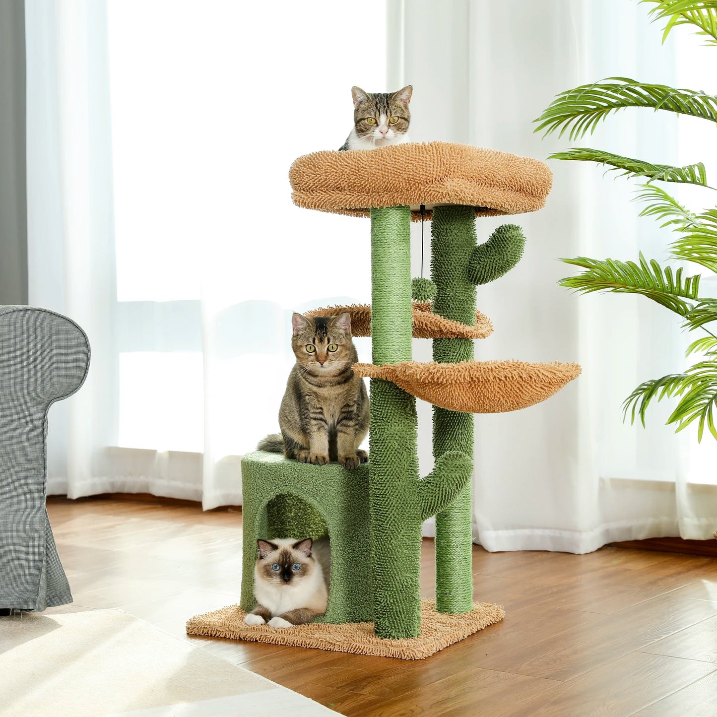 Cactus Cat Tree Houses Hummock Fully Wrapped Scratching Post Wood Climbing Tower - Bark & Meow Emporium