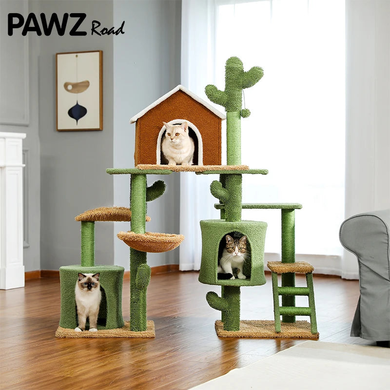 Cactus Cat Tree Houses Hummock Fully Wrapped Scratching Post Wood Climbing Tower - Bark & Meow Emporium