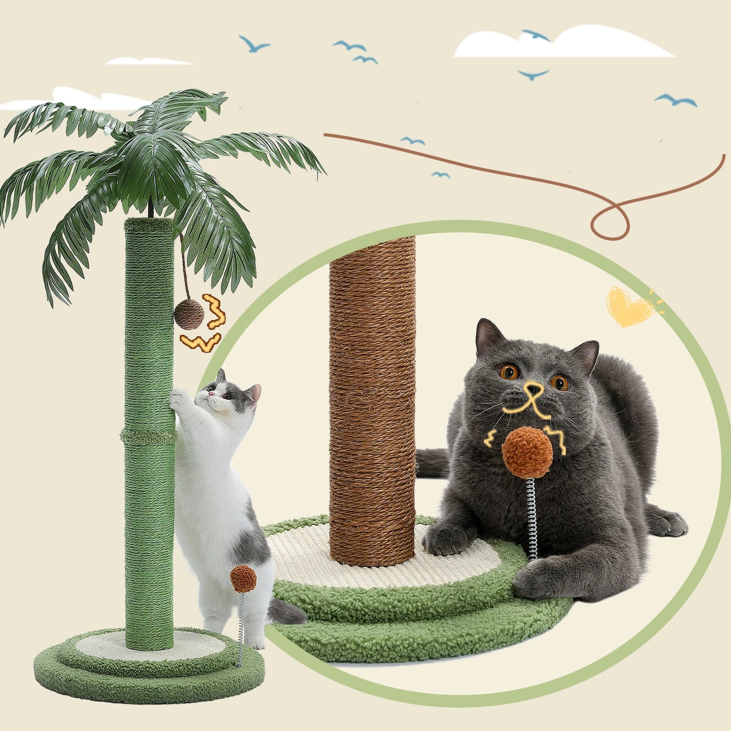 Cat Scratching Post with Spring Ball Cute Cat Tree Indoor - Bark & Meow Emporium