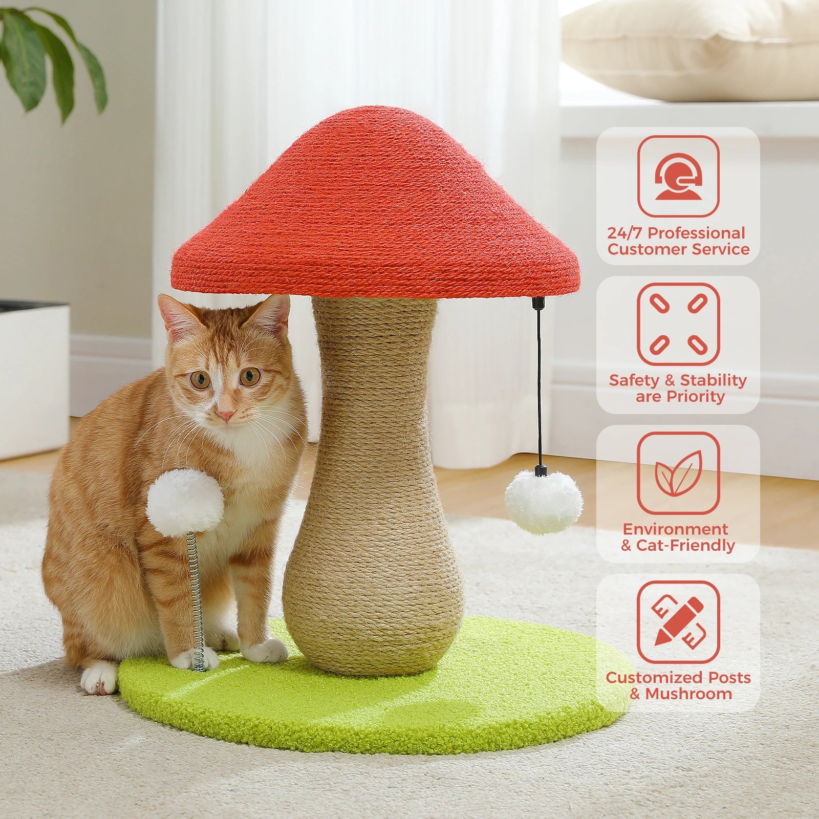 Small Cat Scratching Post with Spring Ball Mushroom Cat Scratcher for Indoor Natural Scratching Post for Cats Pet Cat Toys - Bark & Meow Emporium