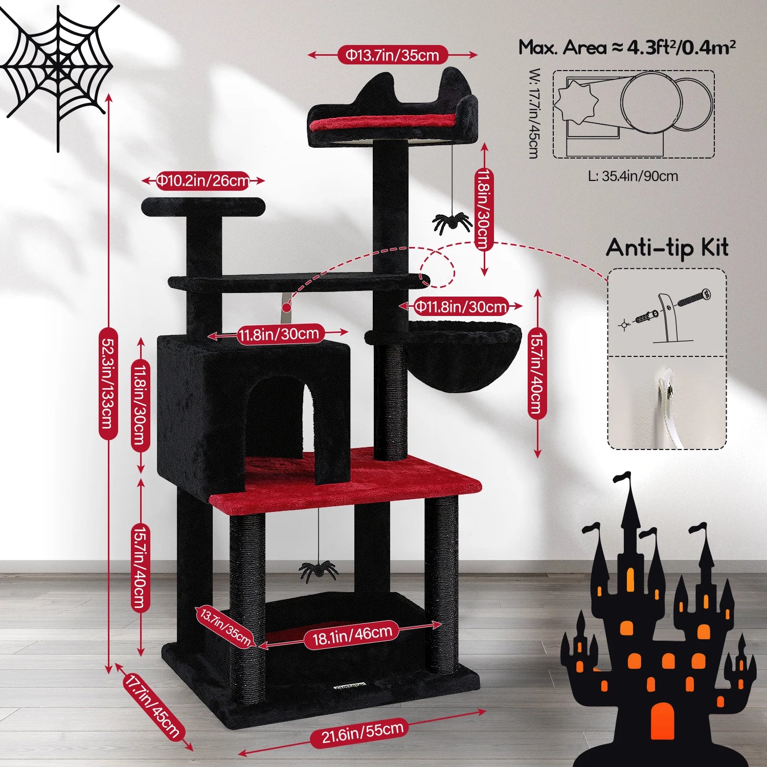 52 inches  Goth Cat Tree Tower Unique  with Coffin Bed for Indoor Cats, Scratching Posts, Hammock, Black - Bark & Meow Emporium