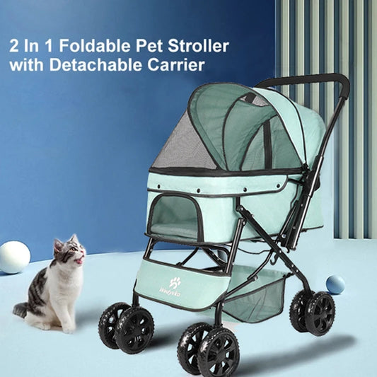 Stroller Rotate with Brakes Storage Basket Reversible Handlebar for Dogs Cats