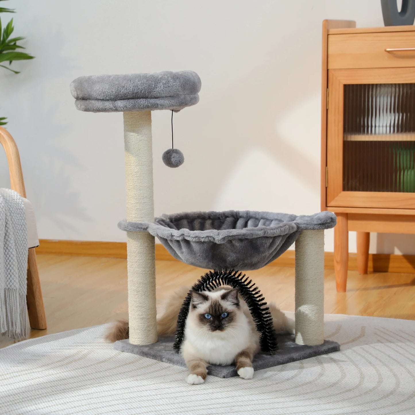 Small Cat Tree Tower with Grooming Brush Hammock Cat Scratcher Scratching Posts - Bark & Meow Emporium