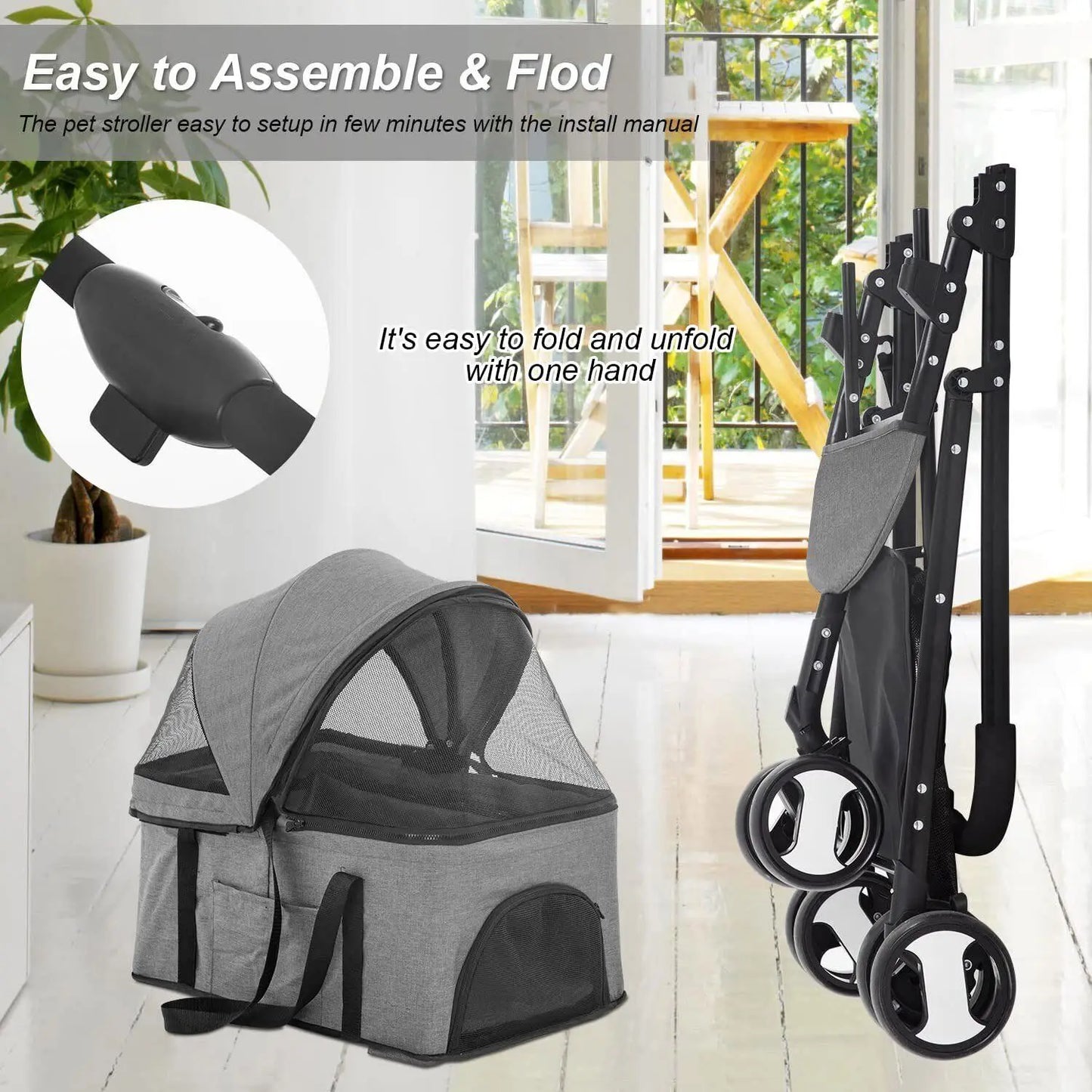 3 Wheels 3-in-1 Pet Stroller Dog Cat Folding Multifunction Travel Stroller Grey - Bark & Meow Emporium