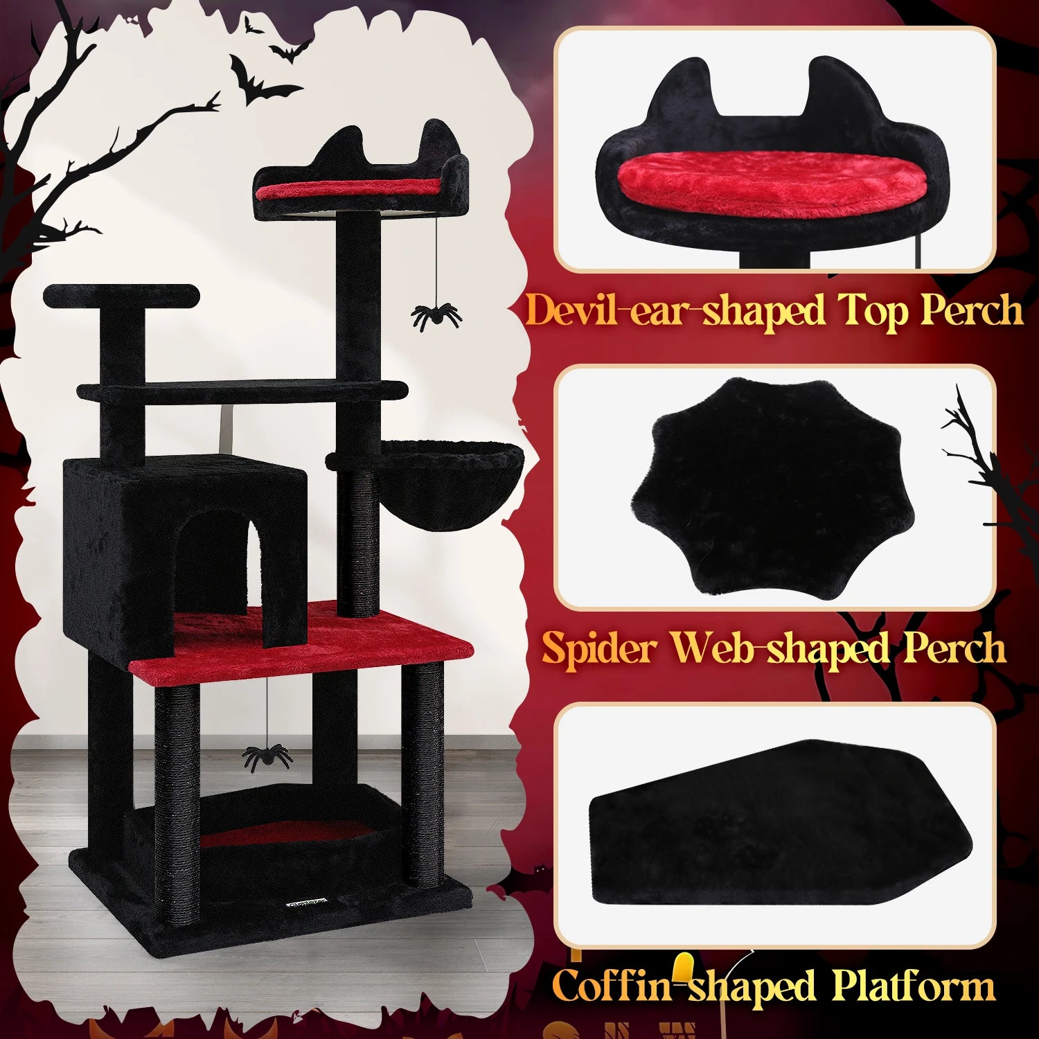 52 inches  Goth Cat Tree Tower Unique  with Coffin Bed for Indoor Cats, Scratching Posts, Hammock, Black - Bark & Meow Emporium