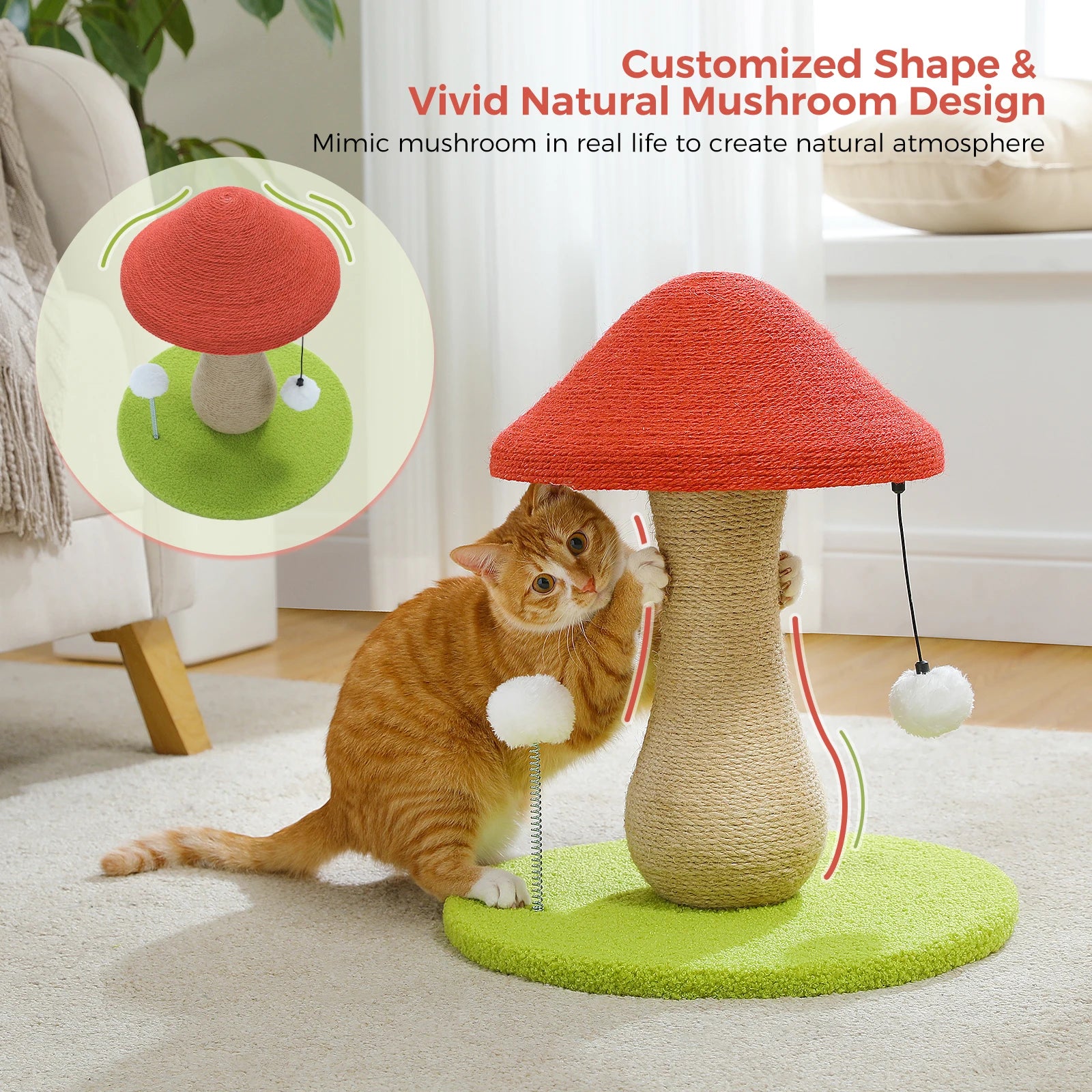 Small Cat Scratching Post with Spring Ball Mushroom Cat Scratcher for Indoor Natural Scratching Post for Cats Pet Cat Toys - Bark & Meow Emporium