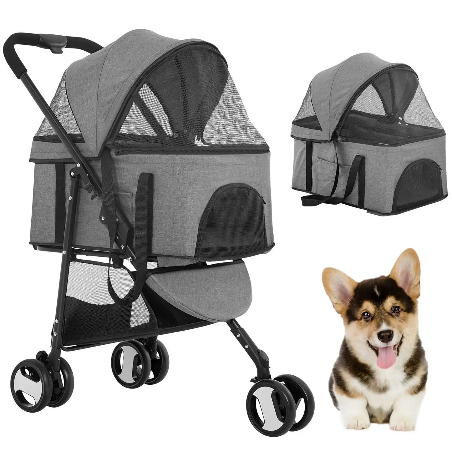 3 Wheels 3-in-1 Pet Stroller Dog Cat Folding Multifunction Travel Stroller Grey - Bark & Meow Emporium