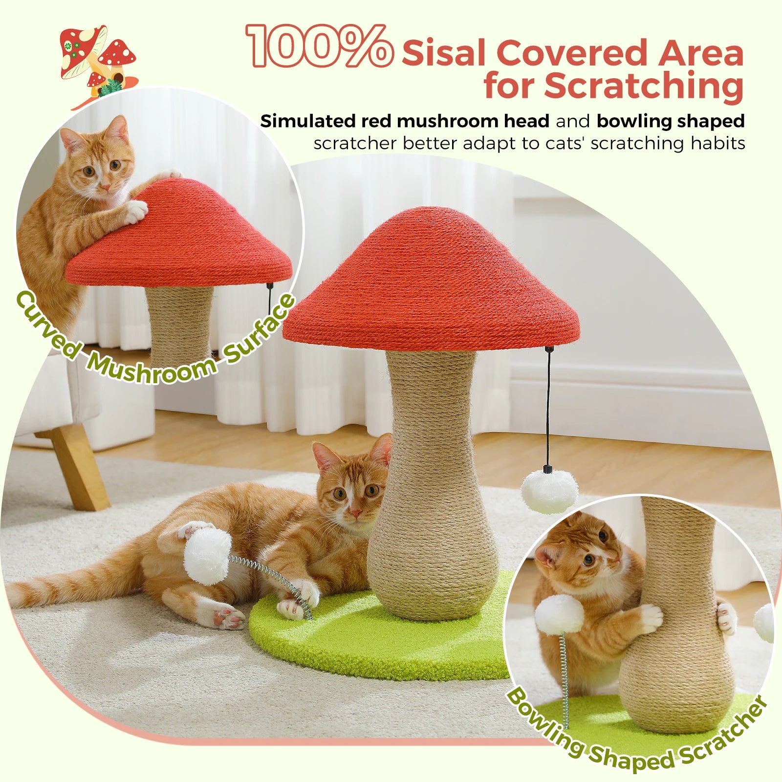 Small Cat Scratching Post with Spring Ball Mushroom Cat Scratcher for Indoor Natural Scratching Post for Cats Pet Cat Toys - Bark & Meow Emporium