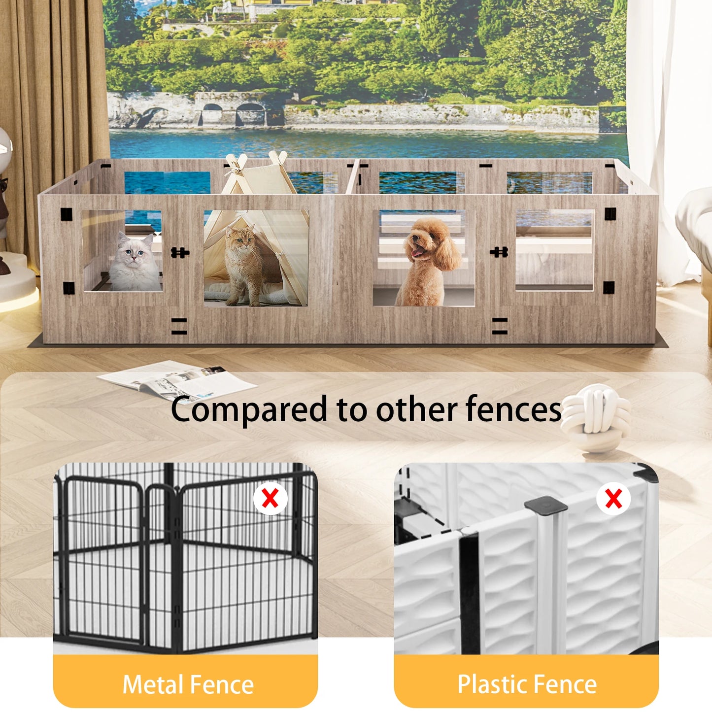 Clear Tempered Glass Pet Exercise Fence House Playpen for Indoor with Waterproof Pad