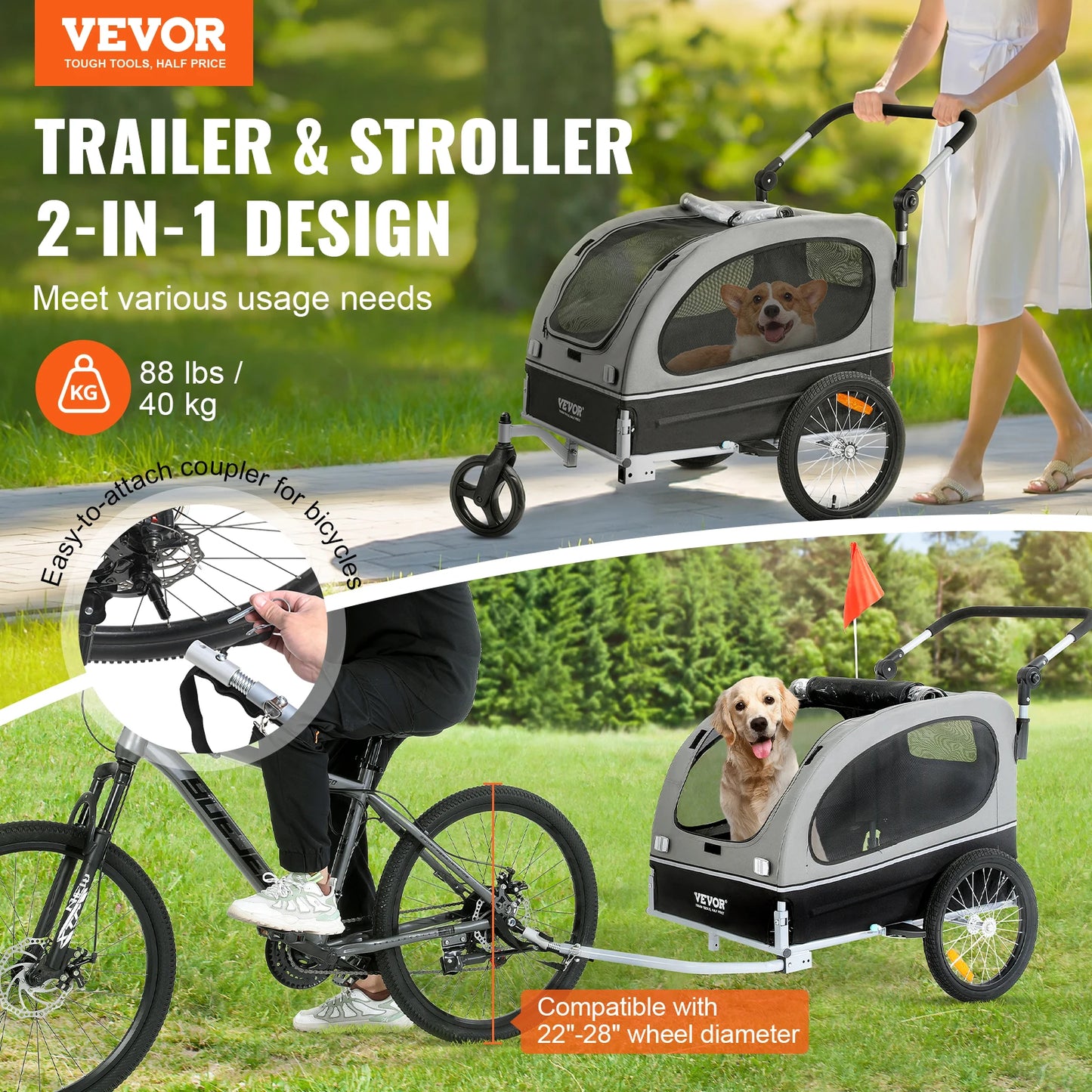 Pet Stroller Cart  Bike Trailer with Wheels Reflectors Easy Folding Cart