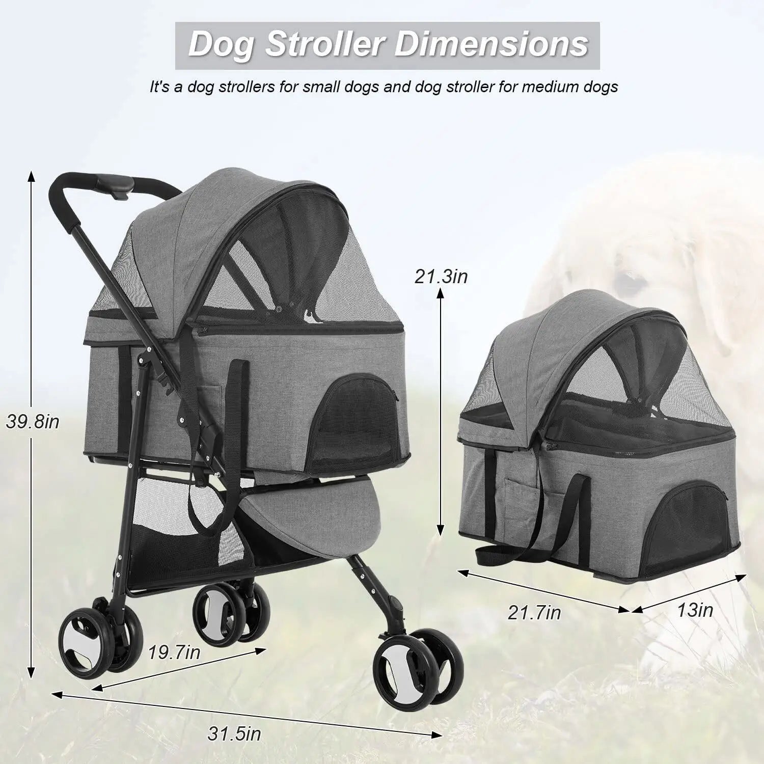 3 Wheels 3-in-1 Pet Stroller Dog Cat Folding Multifunction Travel Stroller Grey - Bark & Meow Emporium