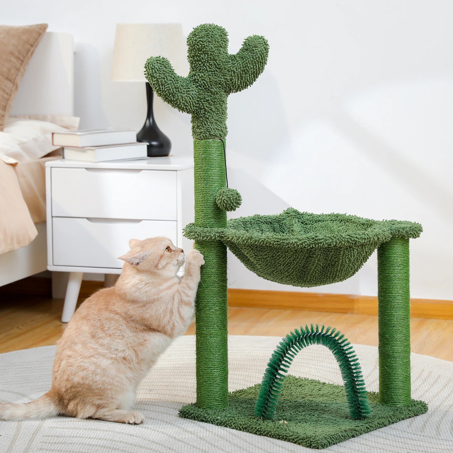 Small Cat Tree Tower with Grooming Brush Hammock Cat Scratcher Scratching Posts - Bark & Meow Emporium