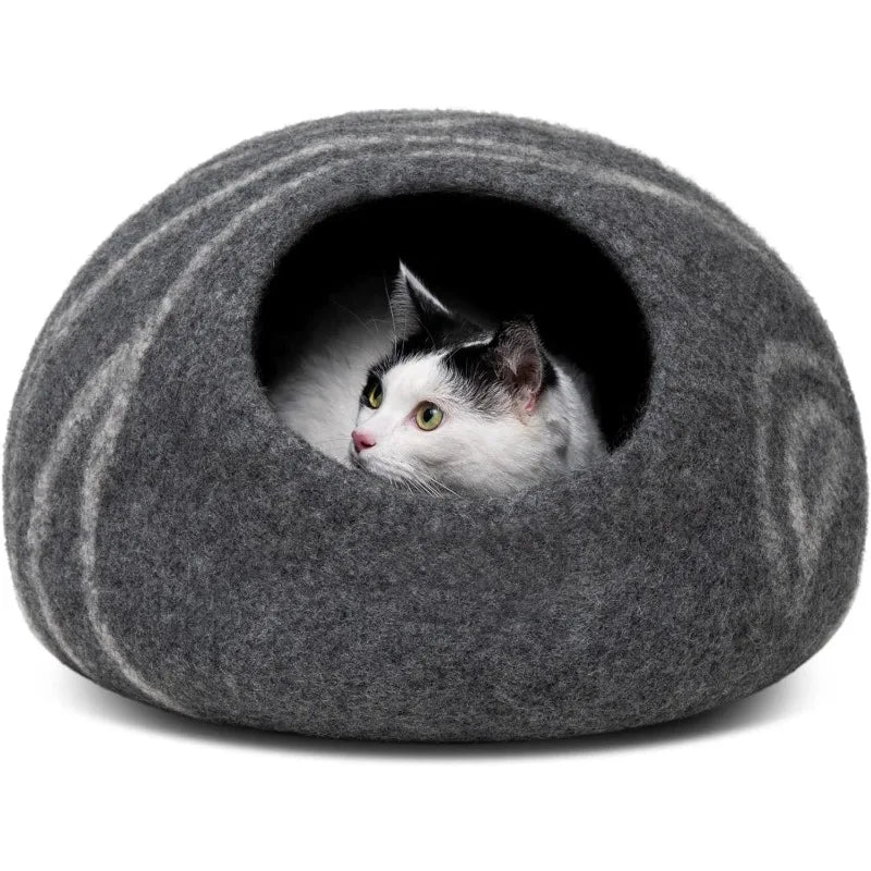 Premium Felt Cat Bed Cave - Handmade 100% Merino Wool Bed for Cats and Kittens - Bark & Meow Emporium