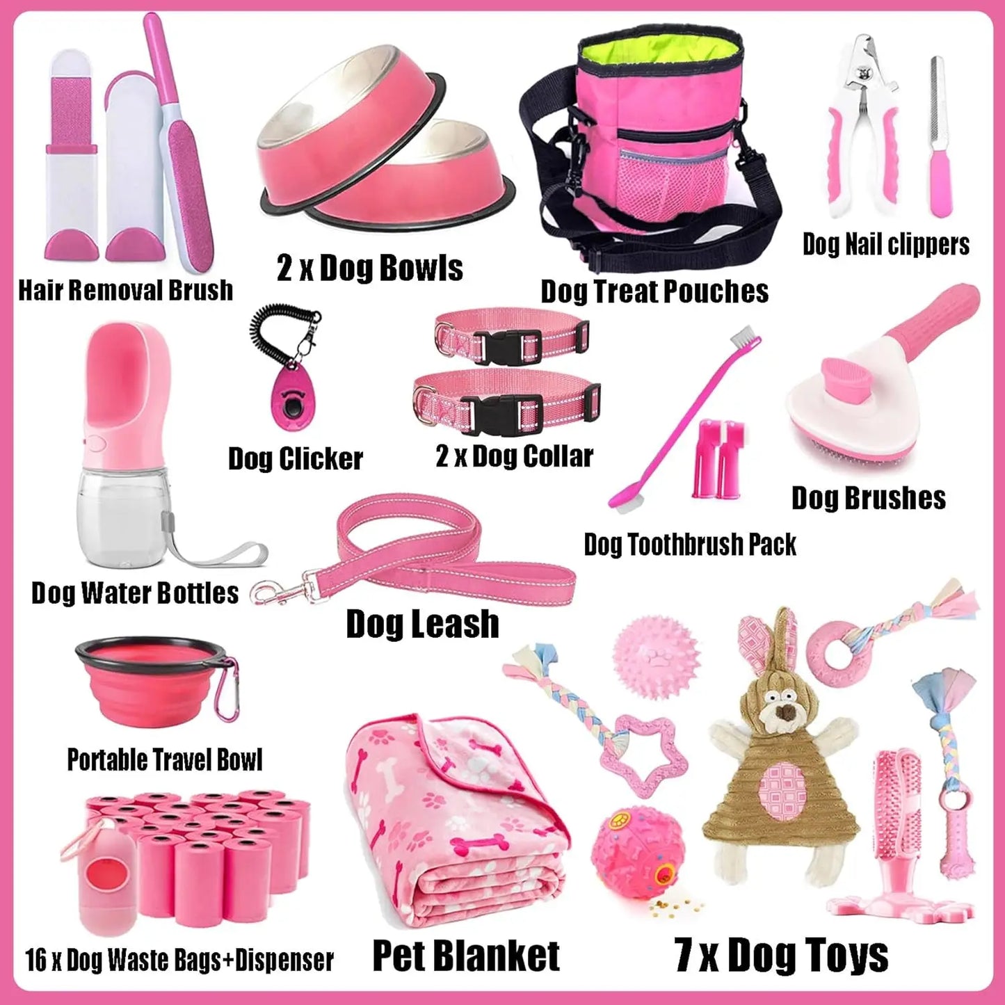 Puppy Supplies Starter Kit - 39 Pieces Set of Puppy Essentials,Includes Dog Leash,Toys, Bowl,Brushes,Water Bottles,and More
