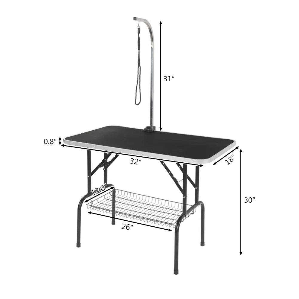 32" Foldable Pet Grooming Table with Mesh Tray Adjustable Arm Silver Base Black Table - Bark & Meow Emporium