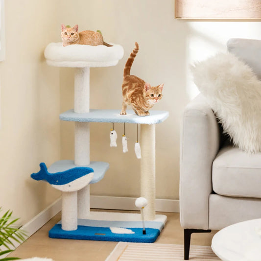 Unique Ocean-themed Design 3-level Cat Tower with Sisal Covered Scratching Posts - Bark & Meow Emporium