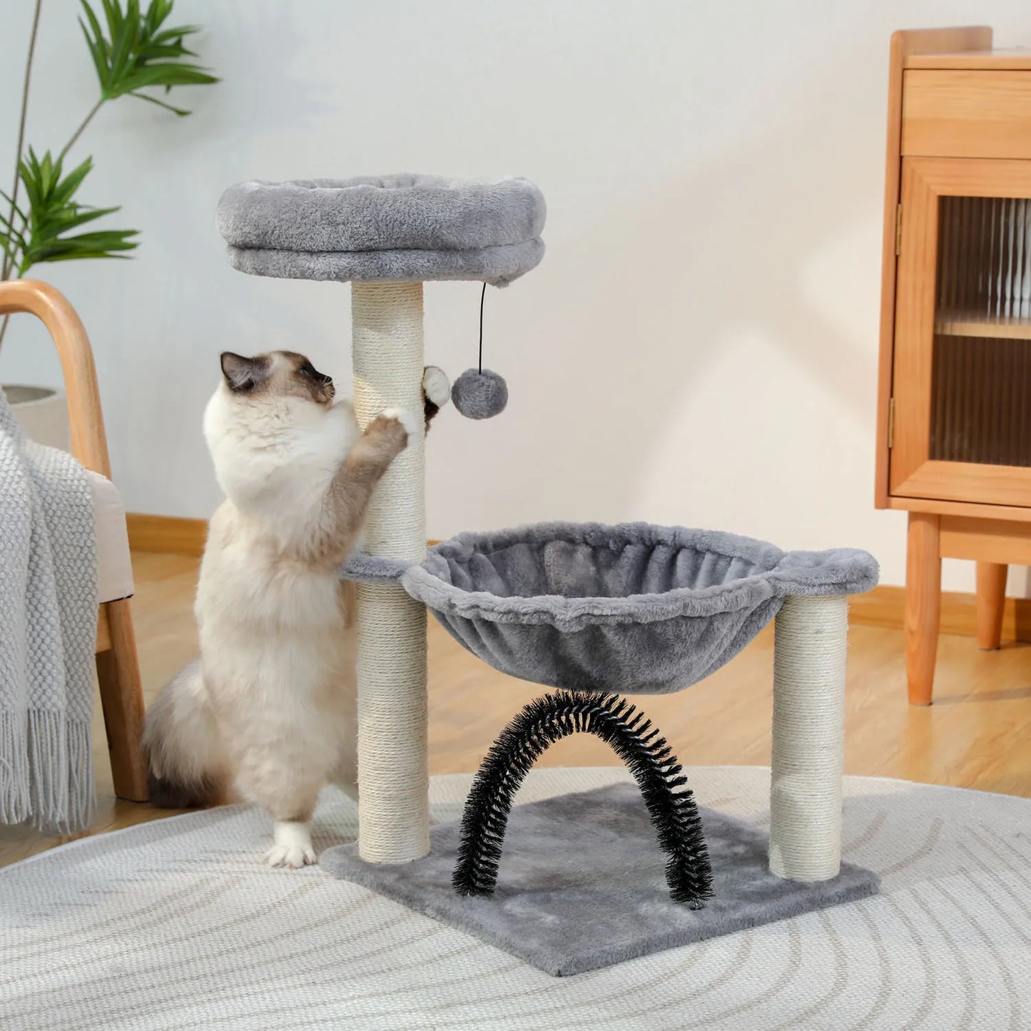 Small Cat Tree Tower with Grooming Brush Hammock Cat Scratcher Scratching Posts - Bark & Meow Emporium