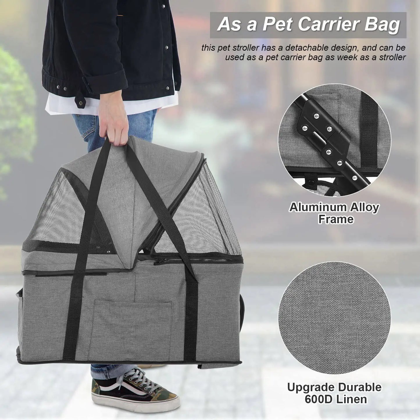 3 Wheels 3-in-1 Pet Stroller Dog Cat Folding Multifunction Travel Stroller Grey - Bark & Meow Emporium