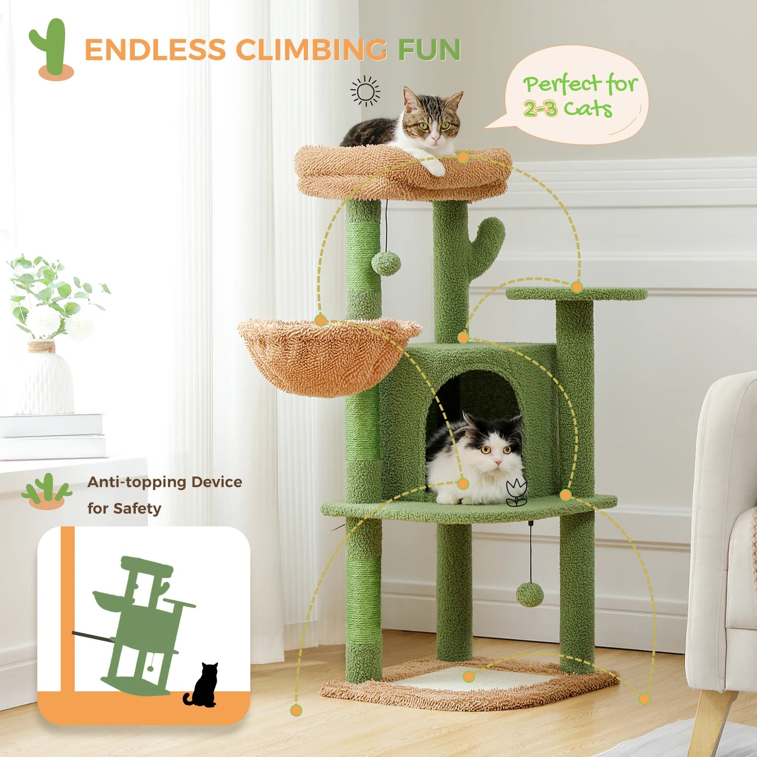 Cactus Cat Tree for Indoor with Scratching Posts & Pad - Bark & Meow Emporium