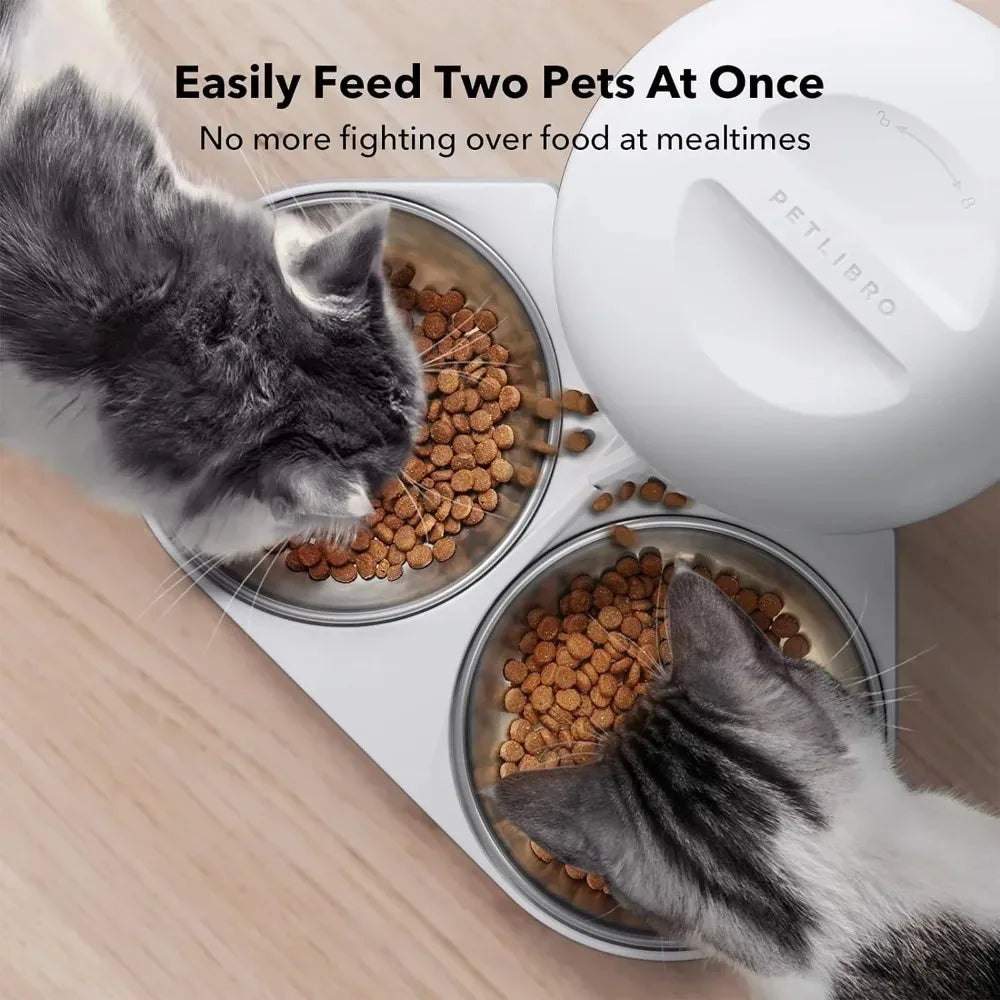 Auto  Feeder Dry Food Dispenser With Splitter & 2 Stainless Bowls - Bark & Meow Emporium