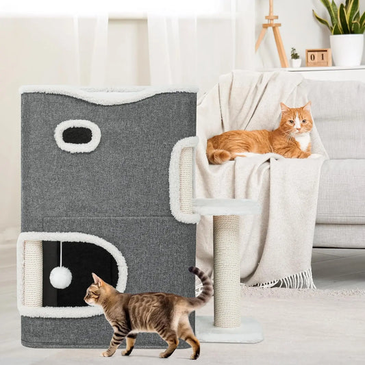 Cat Bed for Indoor Cave House with Scratching Post - Bark & Meow Emporium