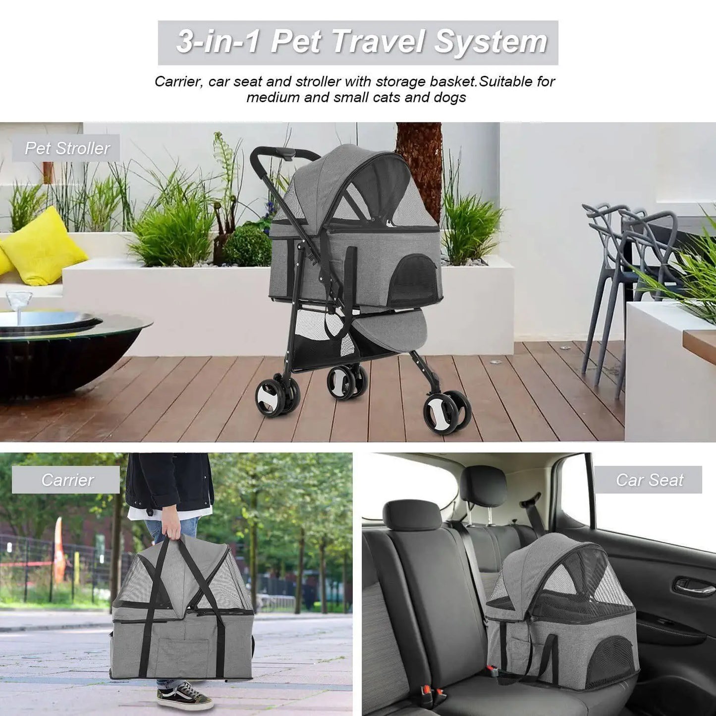 3 Wheels 3-in-1 Pet Stroller Dog Cat Folding Multifunction Travel Stroller Grey - Bark & Meow Emporium