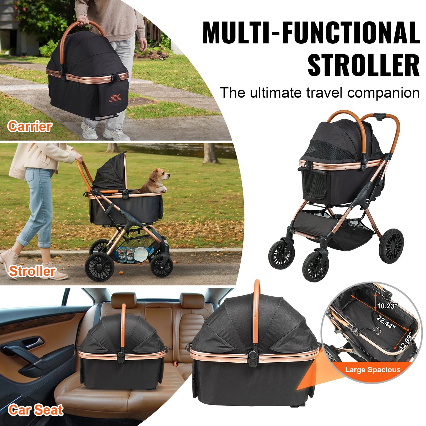 Foldable  Pet Stroller with Brakes Storage Basket Detachable Carrier