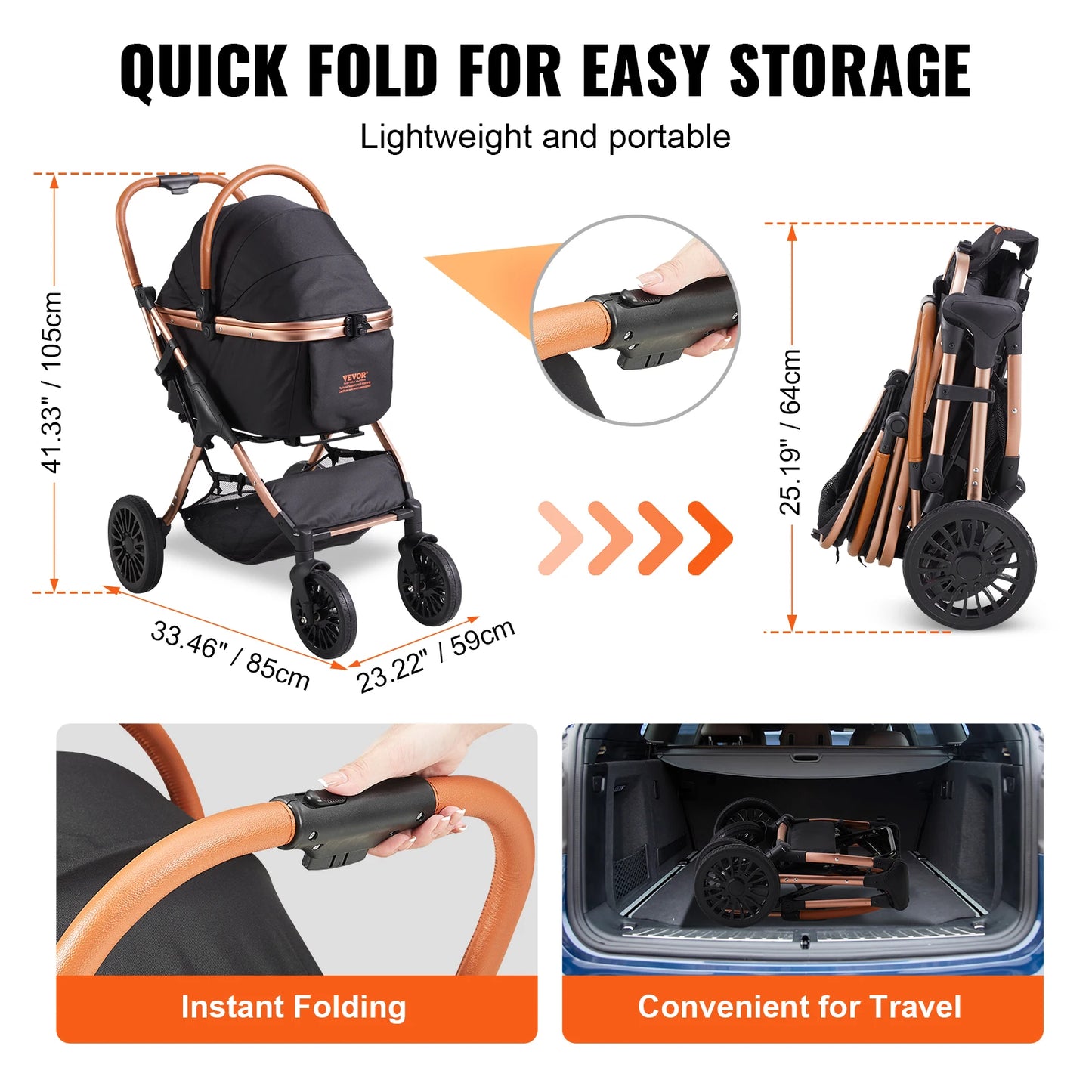 Foldable  Pet Stroller with Brakes Storage Basket Detachable Carrier