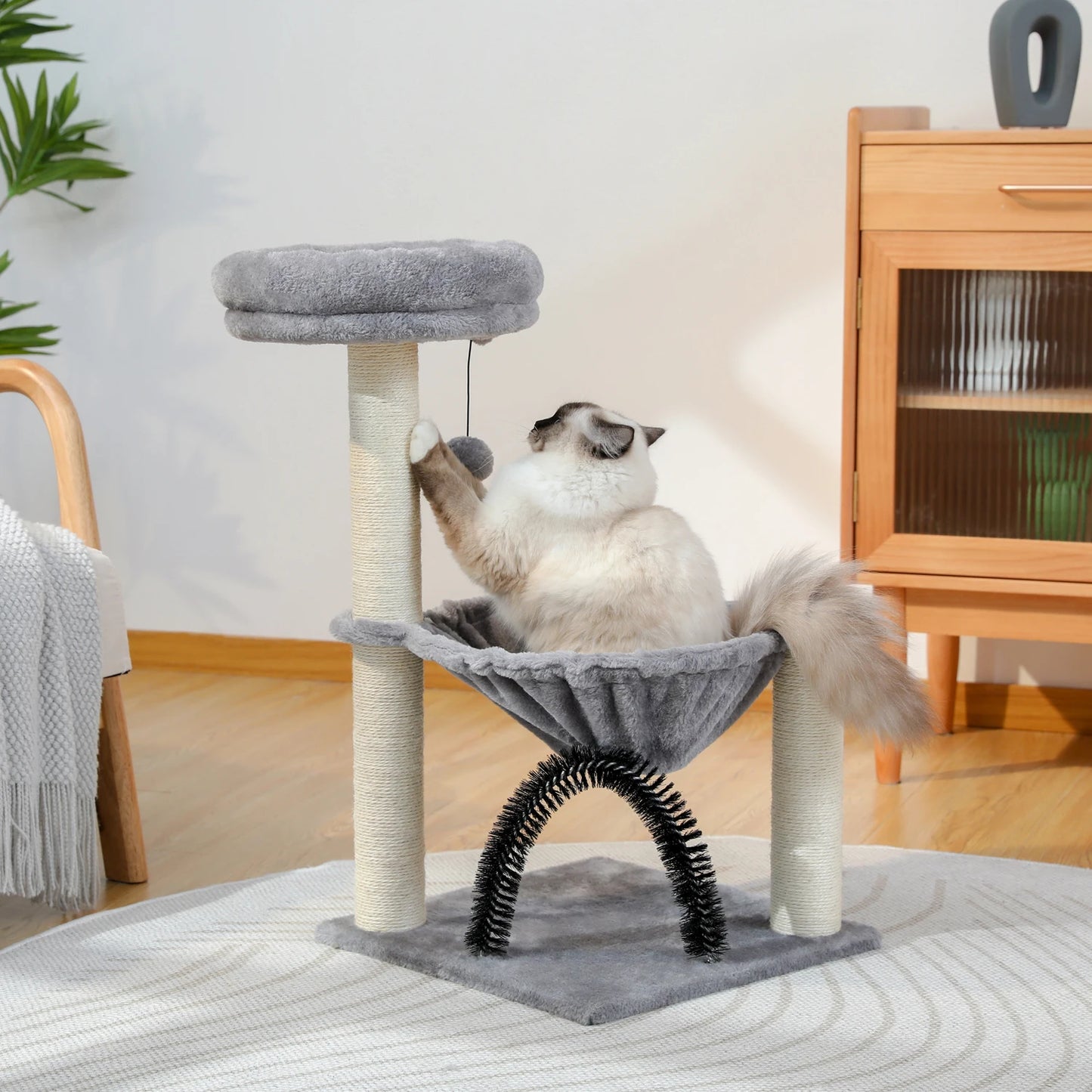 Small Cat Tree Tower with Grooming Brush Hammock Cat Scratcher Scratching Posts - Bark & Meow Emporium