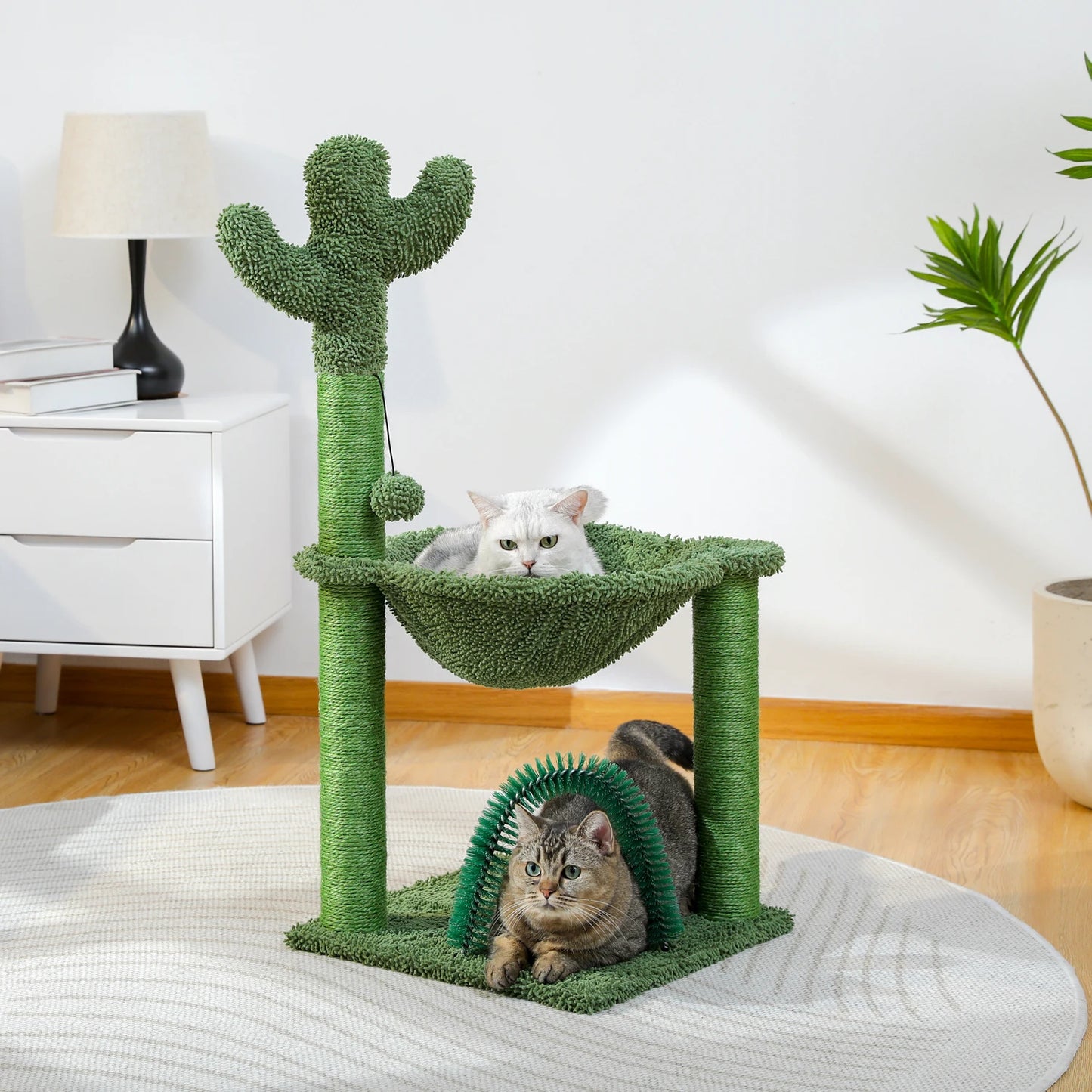 Small Cat Tree Tower with Grooming Brush Hammock Cat Scratcher Scratching Posts - Bark & Meow Emporium