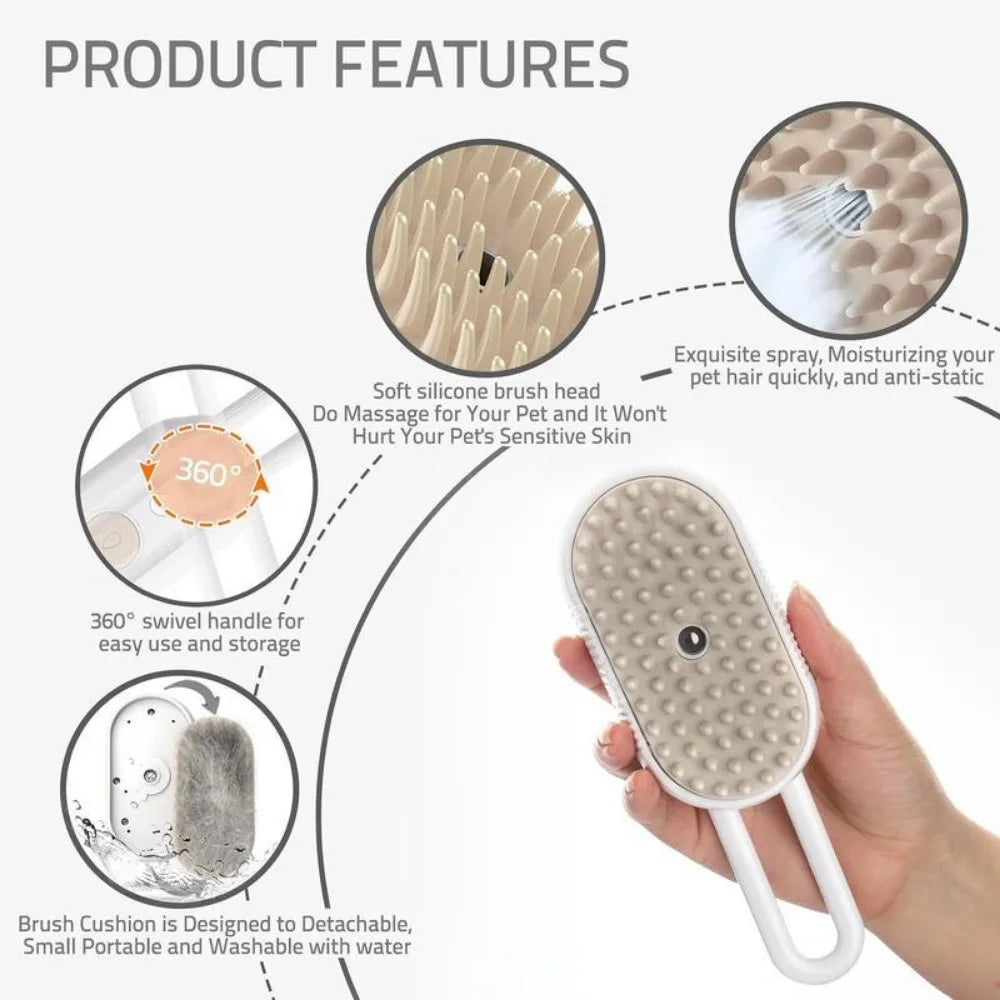 Mist Steam  Brush for Pet Hair 3-IN-1 Grooming Comb